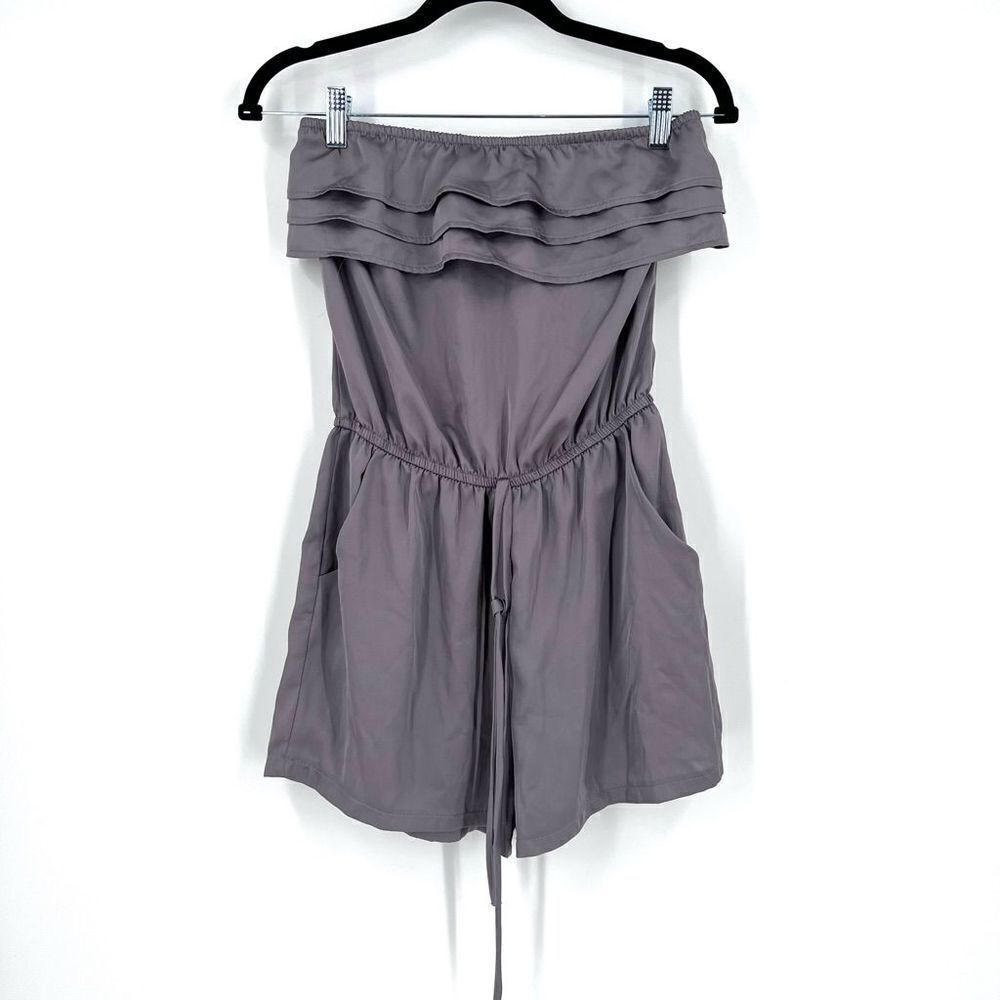 Anthro Audrey 3 + 1 Strapless Romper Jumpsuit Gray ruffle sexy party Small date